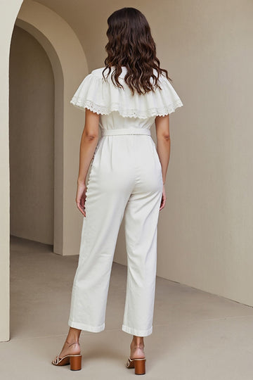 Ruffled White Round Neck Long Jumpsuit